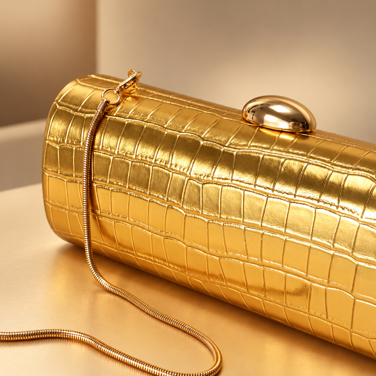 Lucienne Croc-Embossed Metallic Clutch Bag with Chain Strap