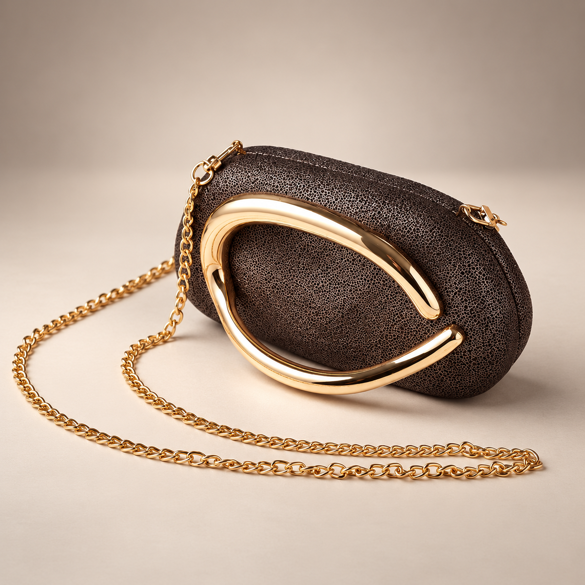 Alessia Sculptural Gold Handle Textured Clutch Bag with Chain Strap