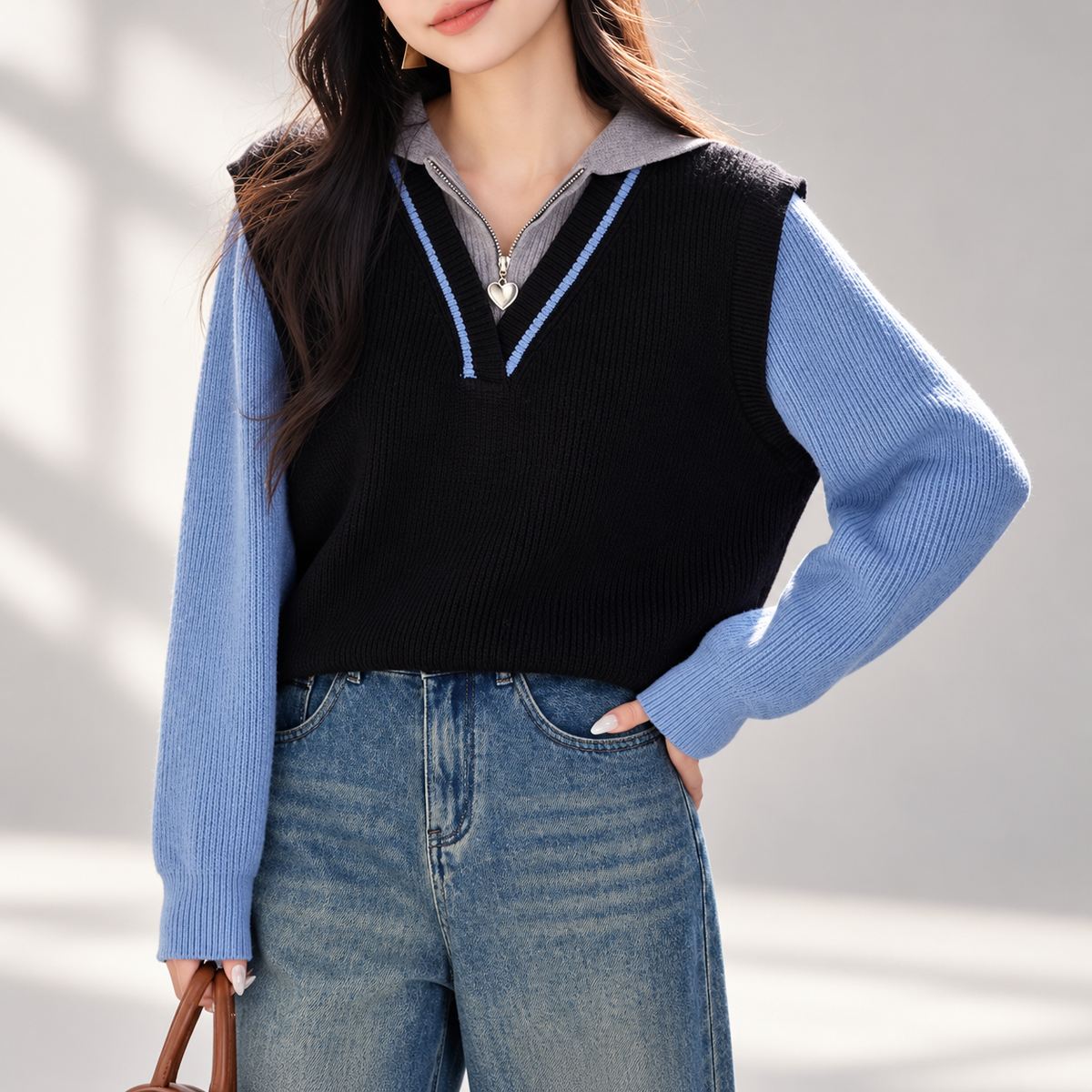 Isabelle Black & Blue Layered V-Neck Knit Sweater