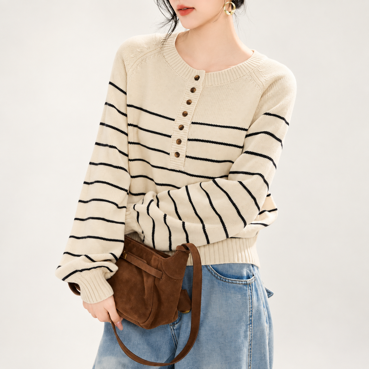 Beatrice Women’s Striped Henley Knit Sweater