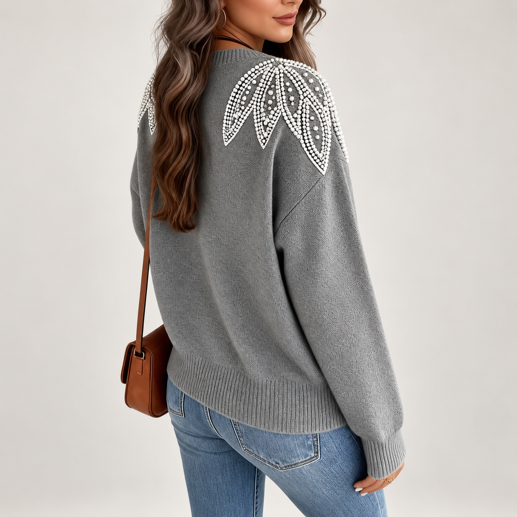 Elodie Gray Beaded Shoulder Crew Neck Knit Sweater