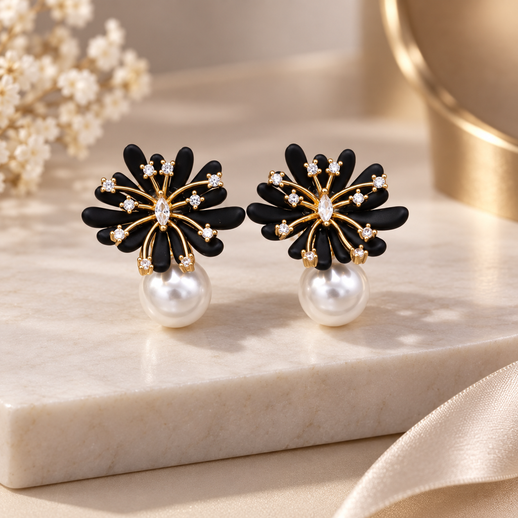 Camille Floral Pearl Drop Stud Earrings – Crystal Accent Flower Statement Earrings