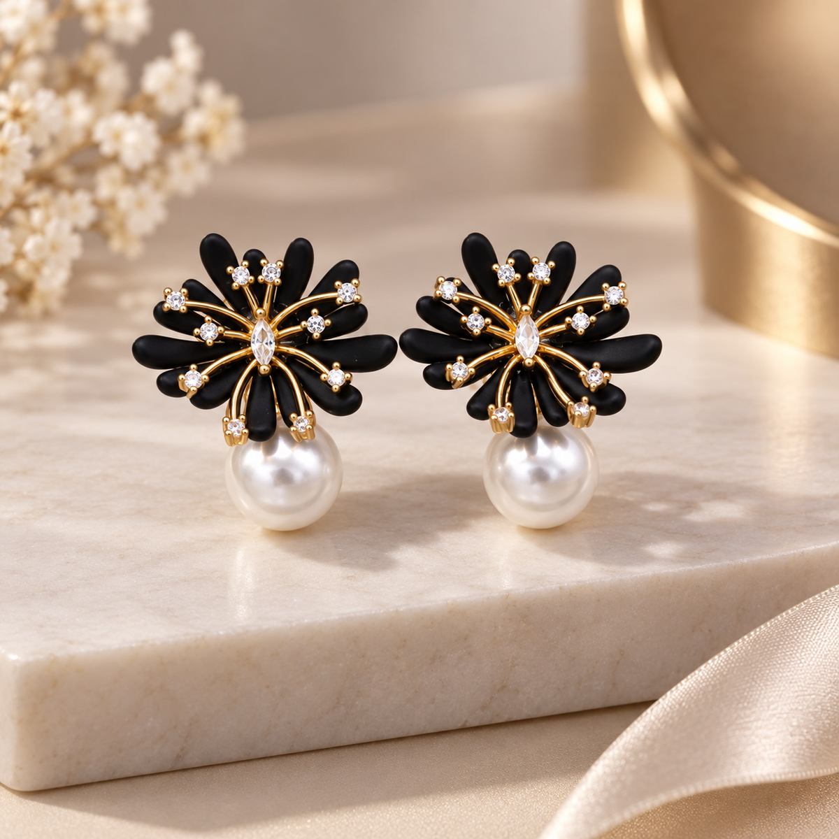 Camille Floral Pearl Drop Stud Earrings – Crystal Accent Flower Statement Earrings