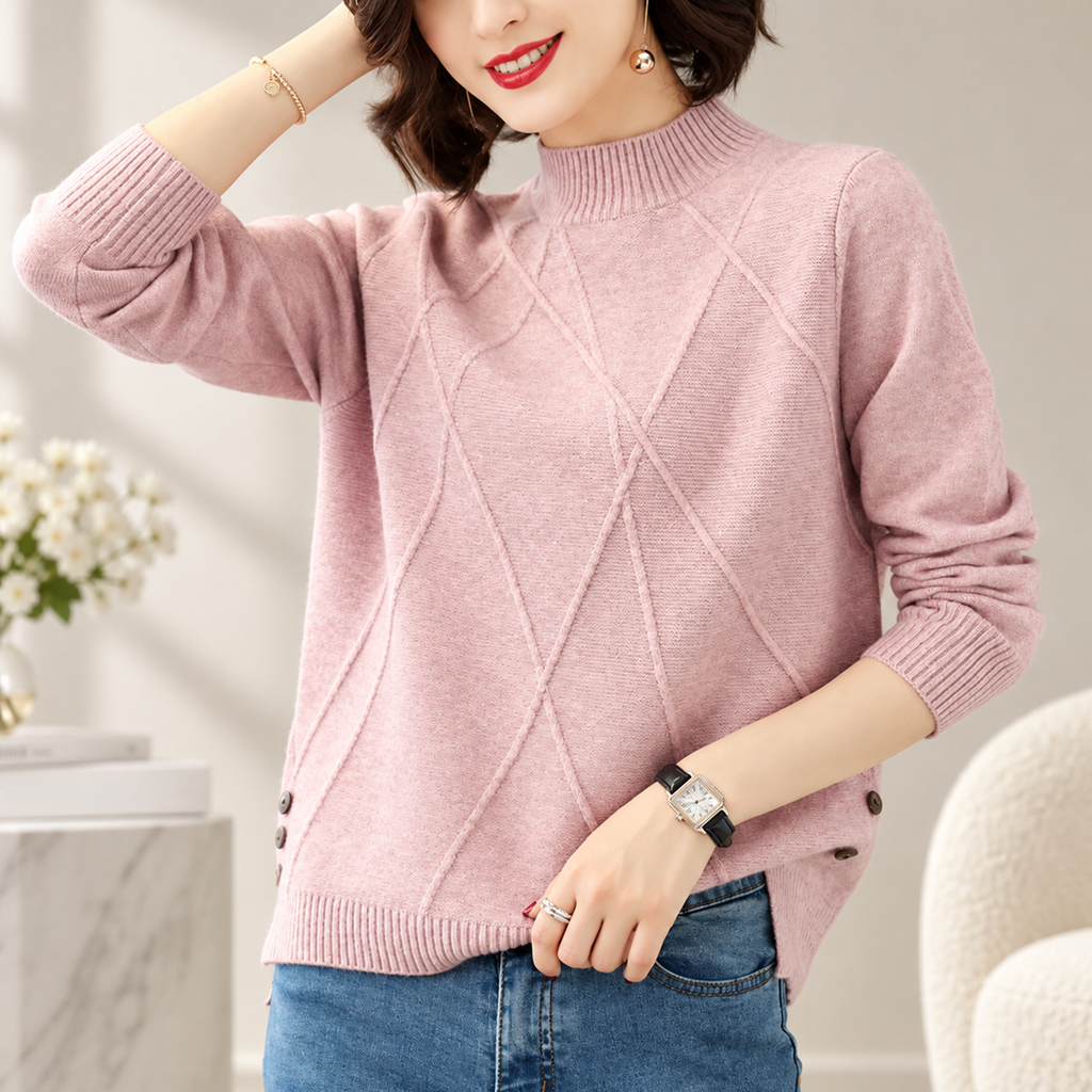 Adeline Textured Mock Neck Knit Sweater – Women’s Long Sleeve Side Button Pullover