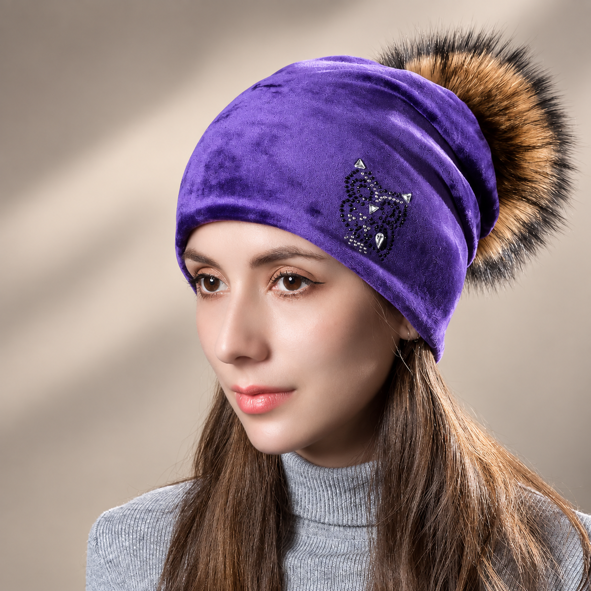 Noelle Women’s Velvet Slouch Pom-Pom Beanie