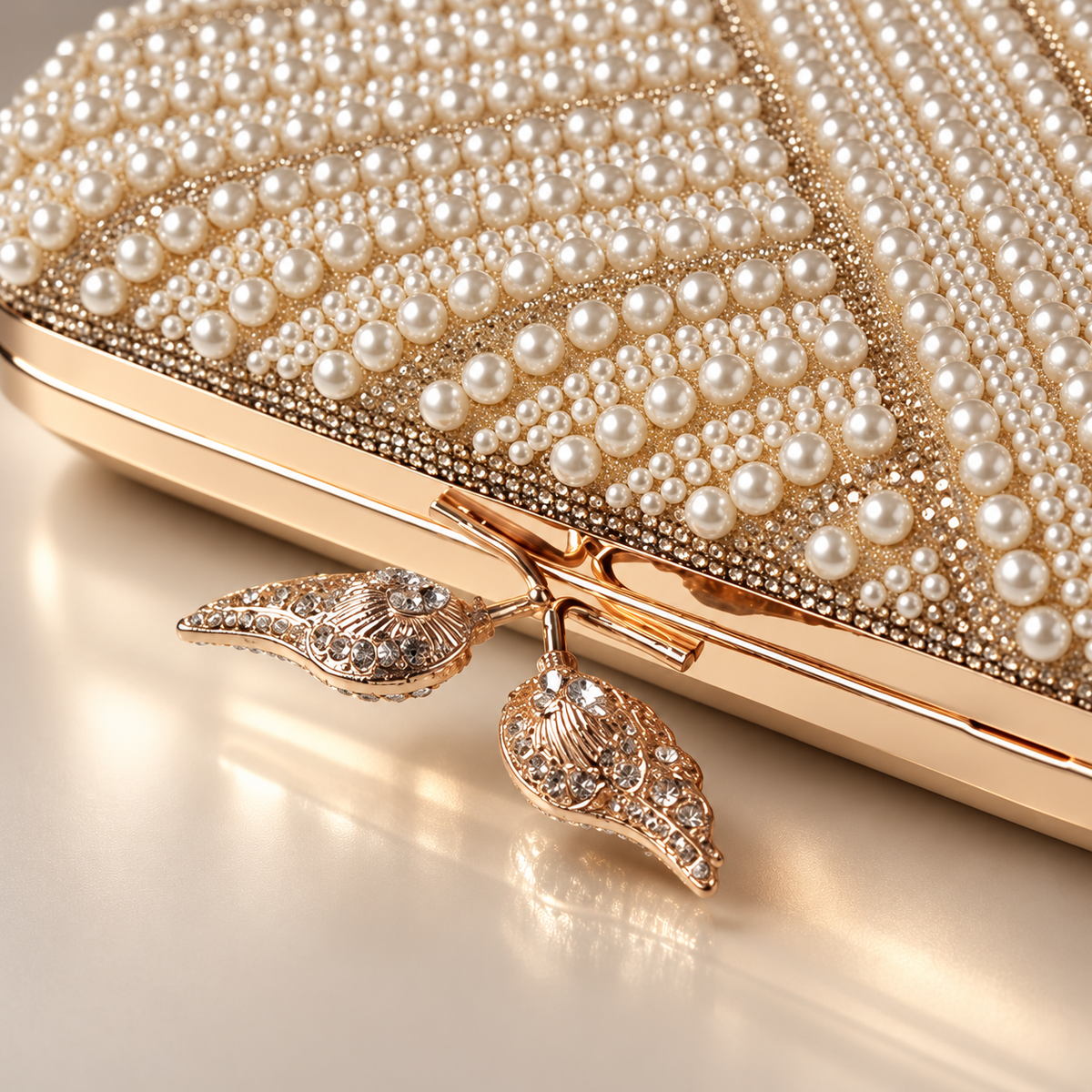 Rosalie Pearl Beaded Evening Clutch with Leaf Top Clasp