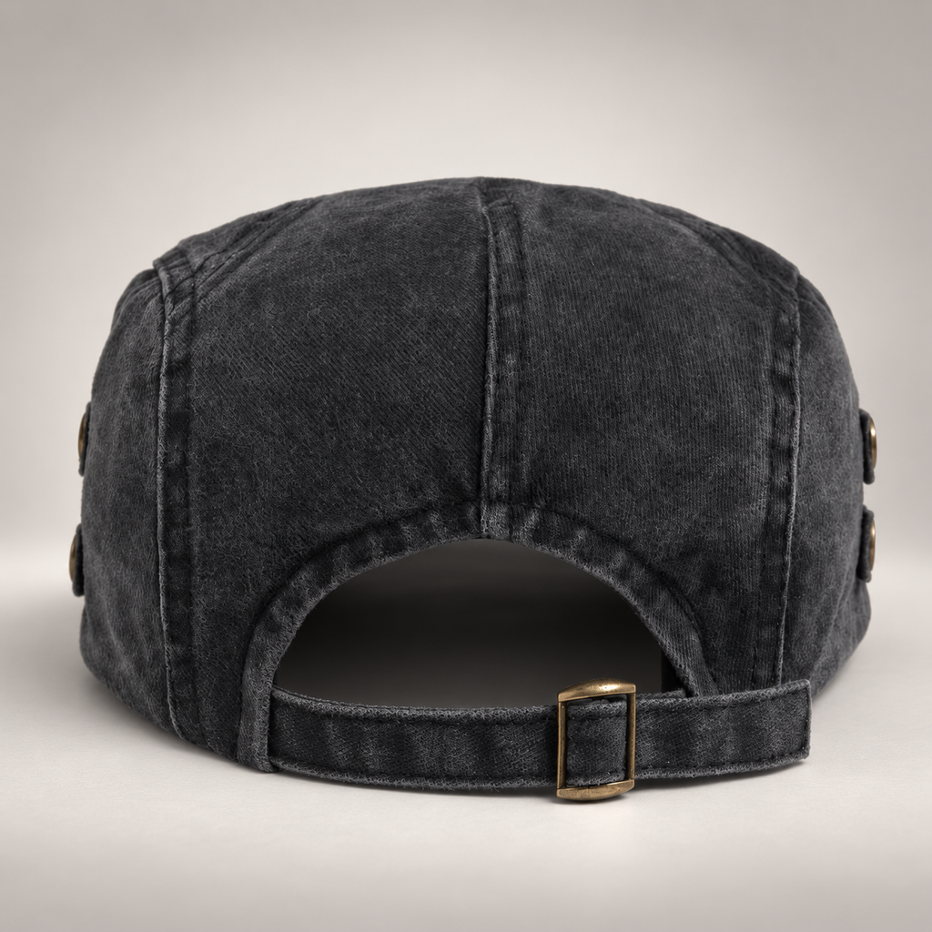 Bennett Washed Cotton Flat Cap with Side Button Detail