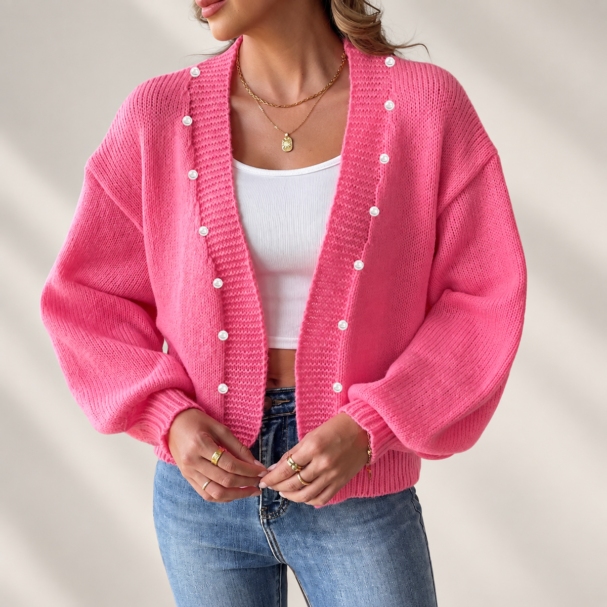 Isabella Women's Pearl-Button V-Neck Knit Cardigan with Balloon Sleeves