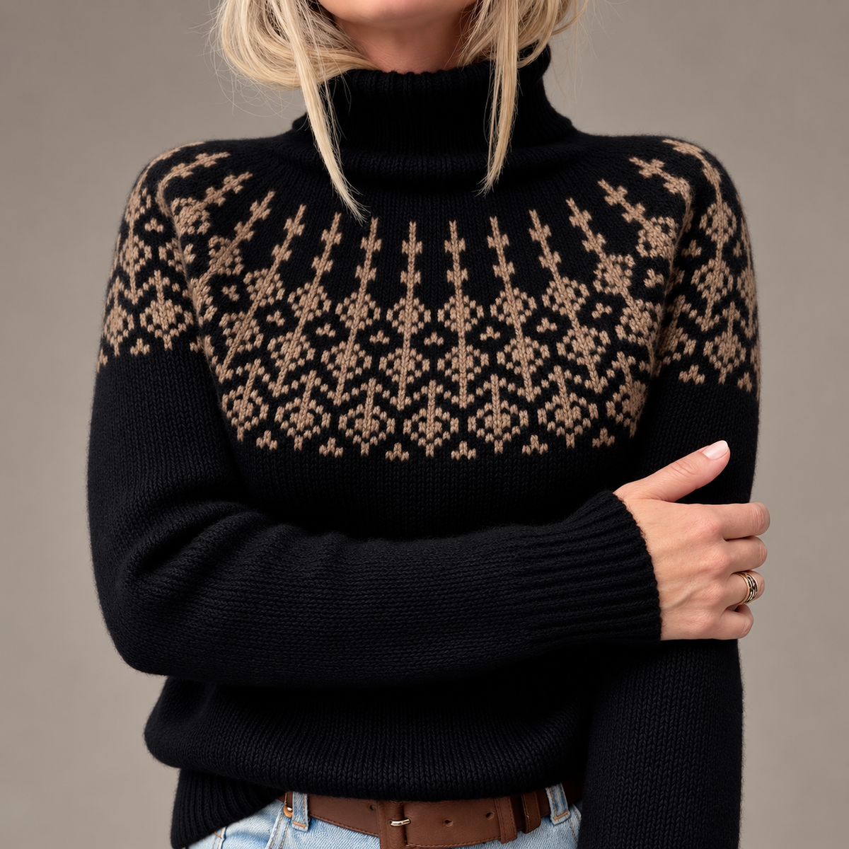 Amelia Women’s Black Fair Isle Turtleneck Knit Sweater