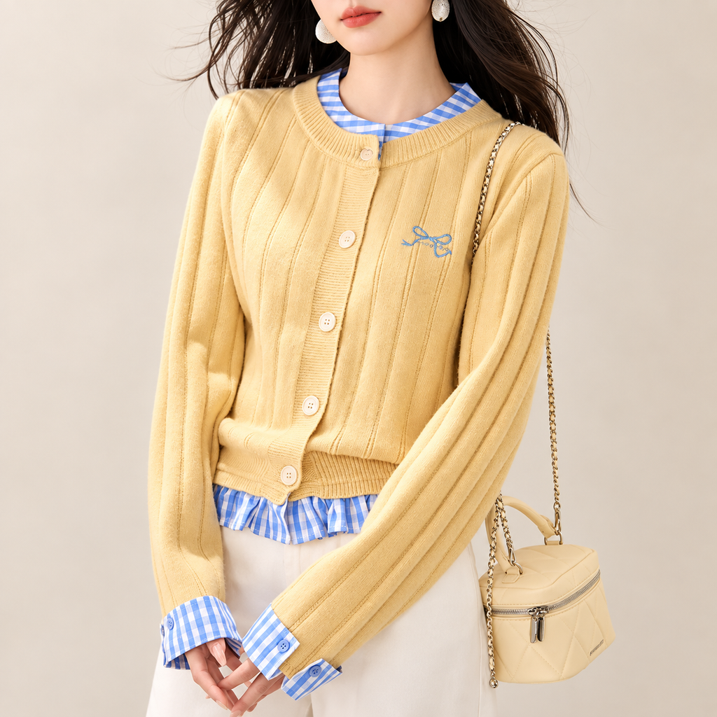 Elodie Yellow Ribbed Button Cardigan with Blue Gingham Trim