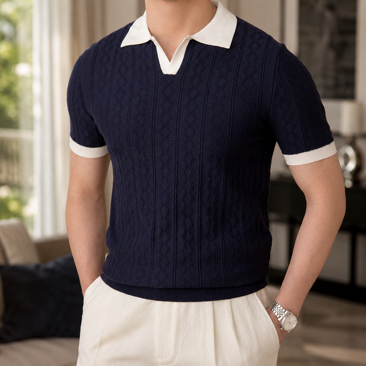 Étienne Men's Textured Knit Short Sleeve Polo Shirt