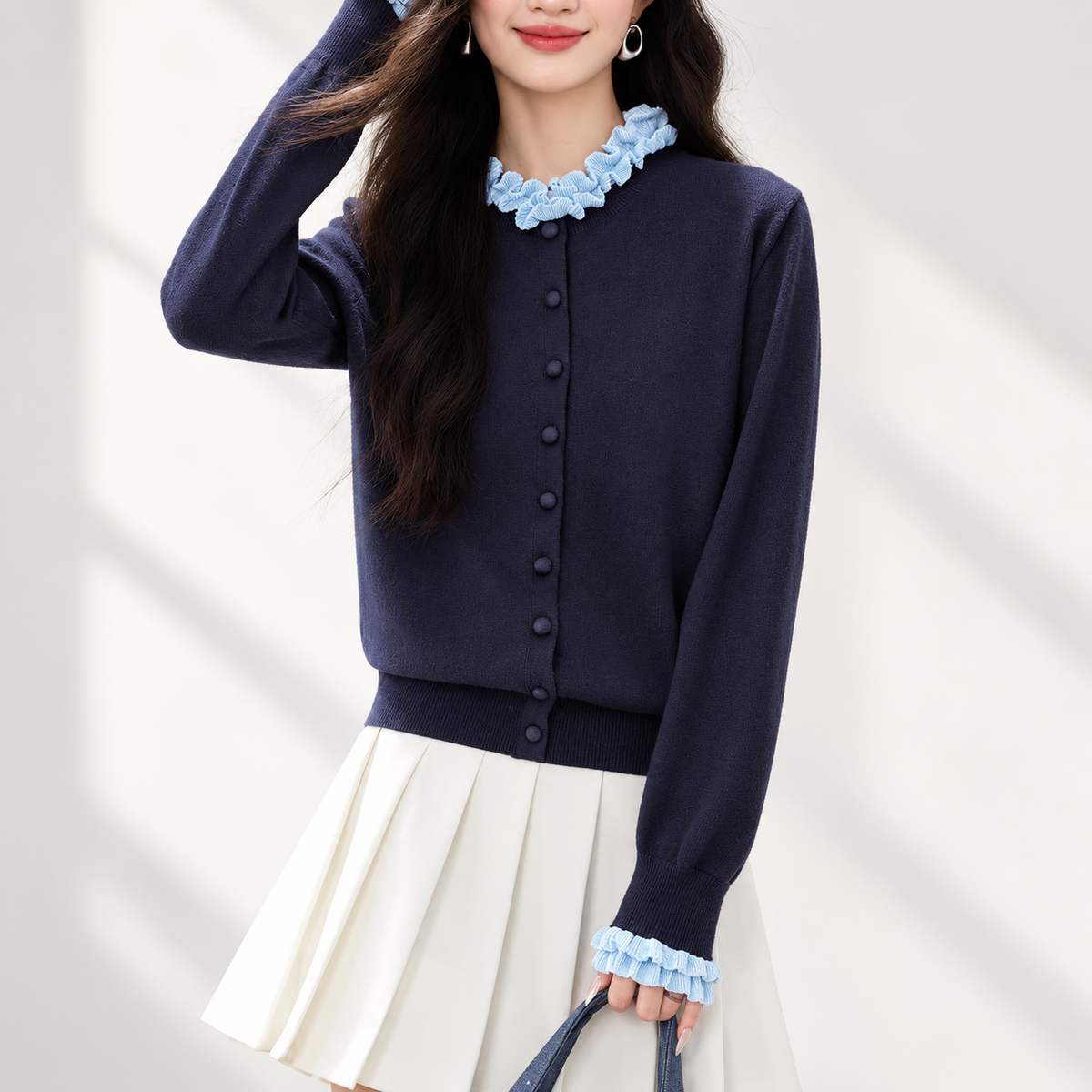 Camille Women’s Navy Ruffle Trim Knit Cardigan