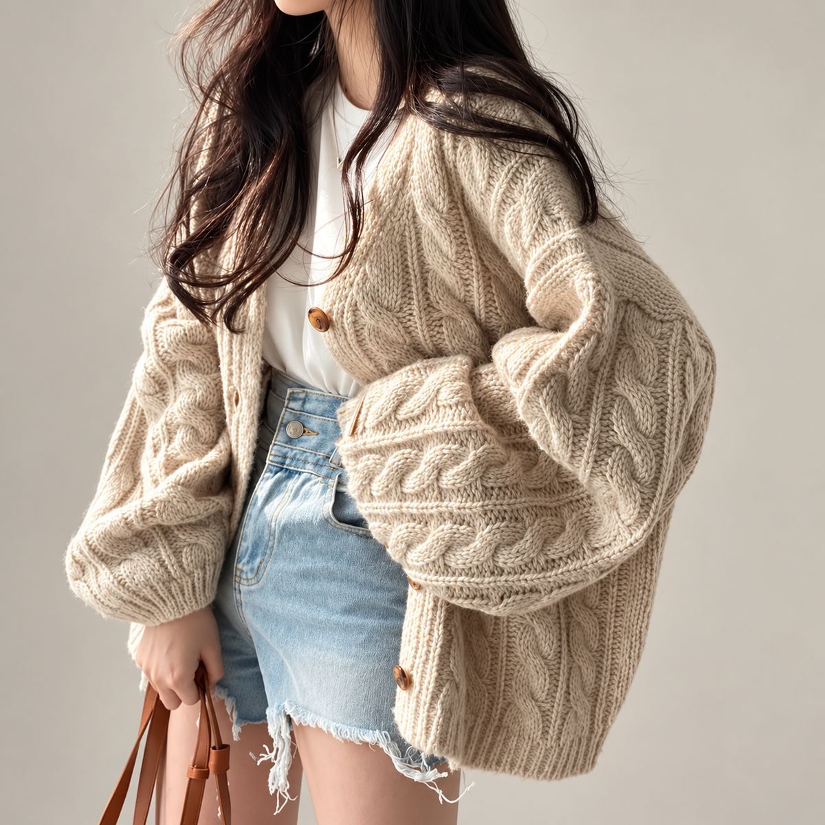 Elodie Women's Oversized Cable-Knit V-Neck Cardigan