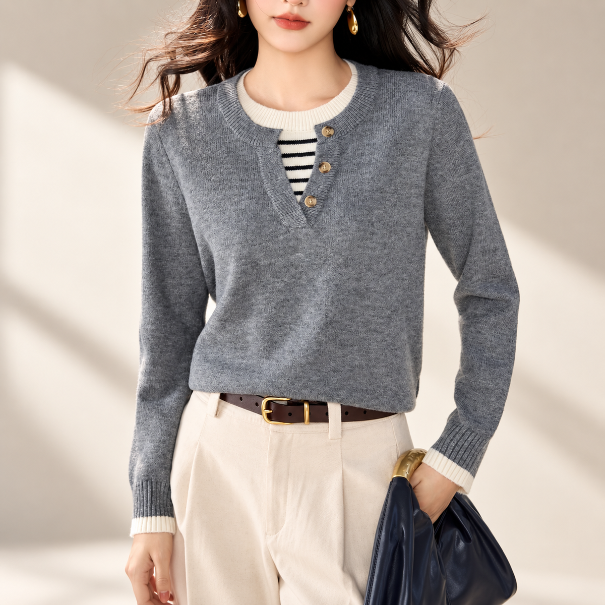 Camille Women’s Contrast Trim Button-Placket Knit Sweater