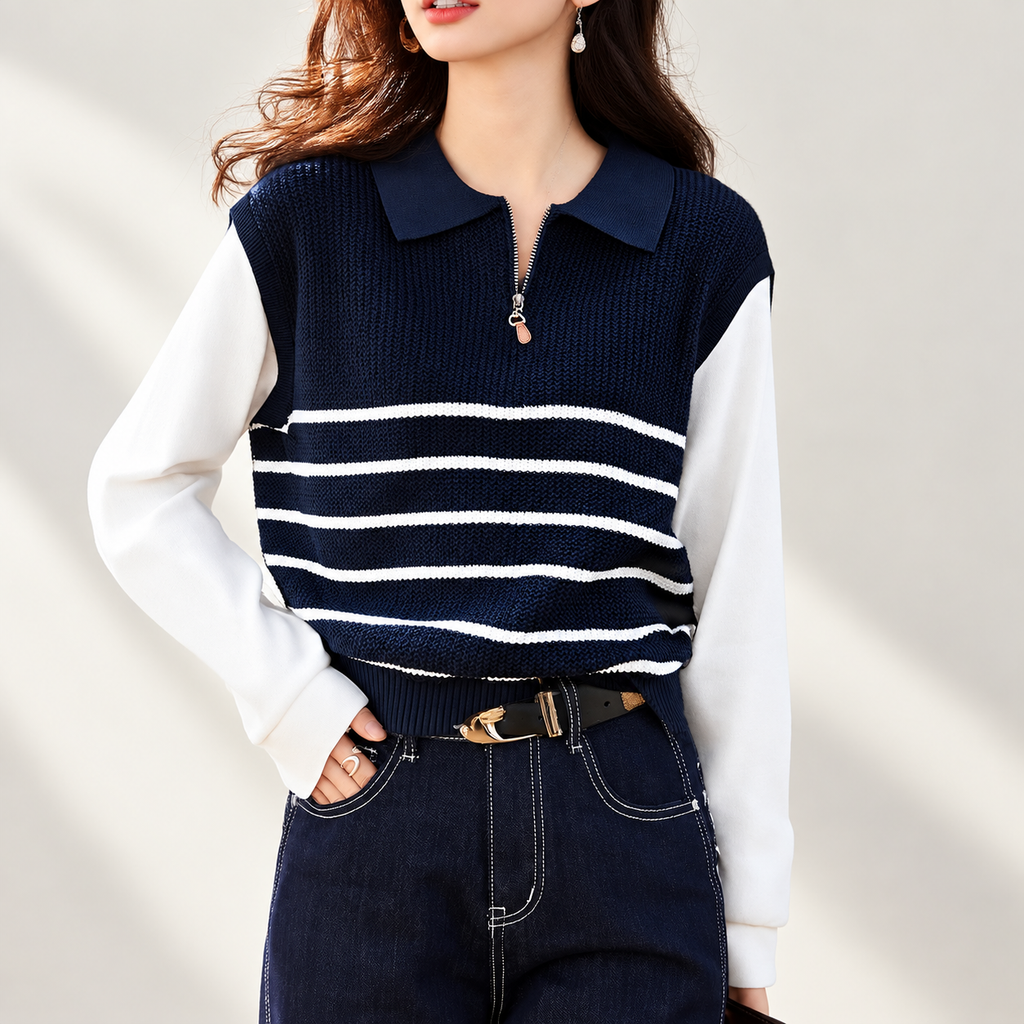 Lucia Striped Quarter-Zip Knit Top