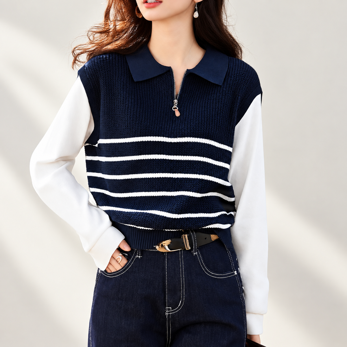 Lucia Striped Quarter-Zip Knit Top