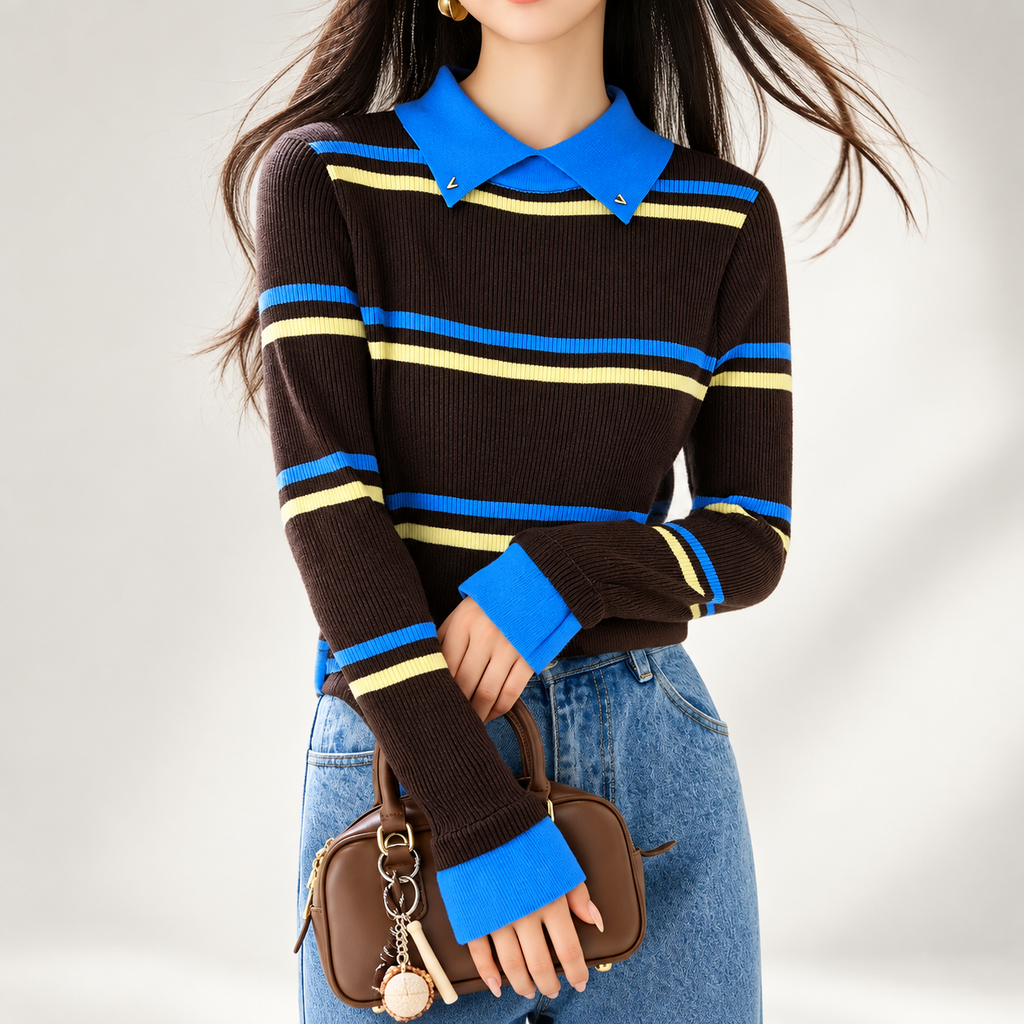 Elena Striped Ribbed Knit Polo Sweater