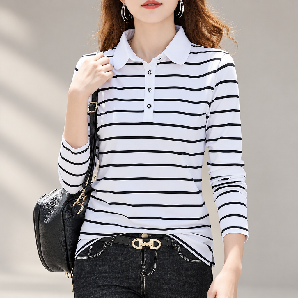 Camille Women’s Long Sleeve Striped Polo Shirt