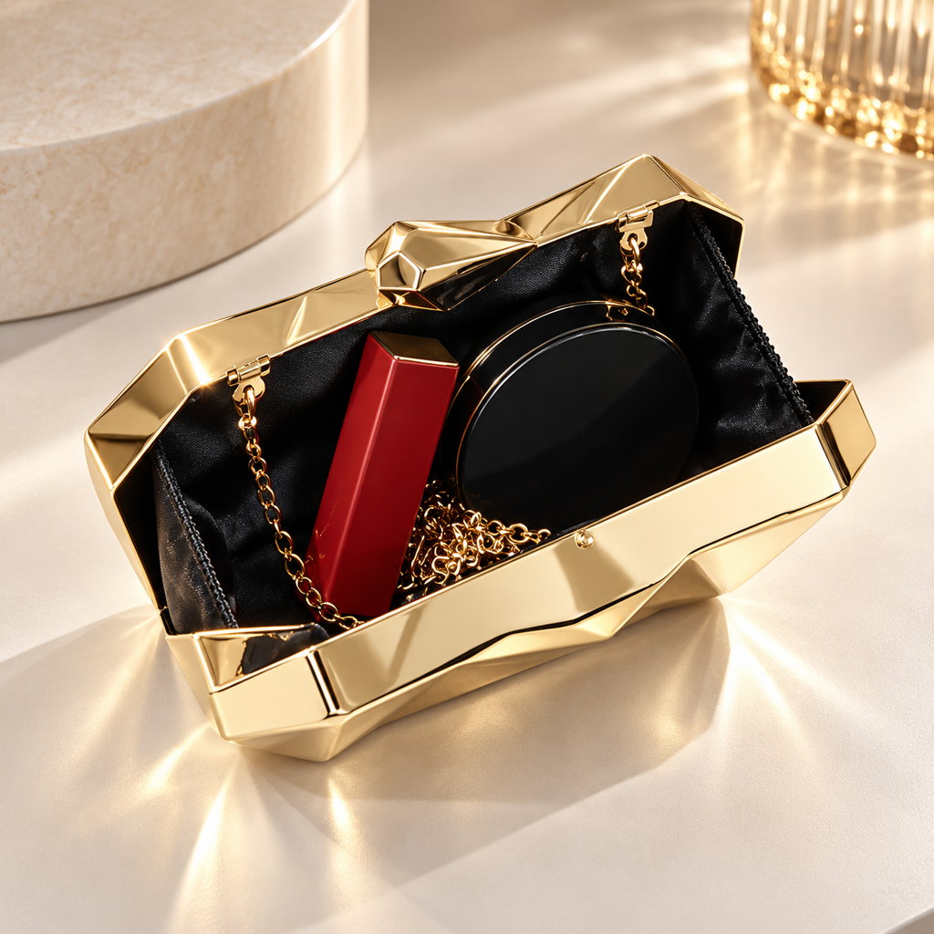 Alessandra Geometric Metallic Hard-Shell Evening Clutch with Chain Strap