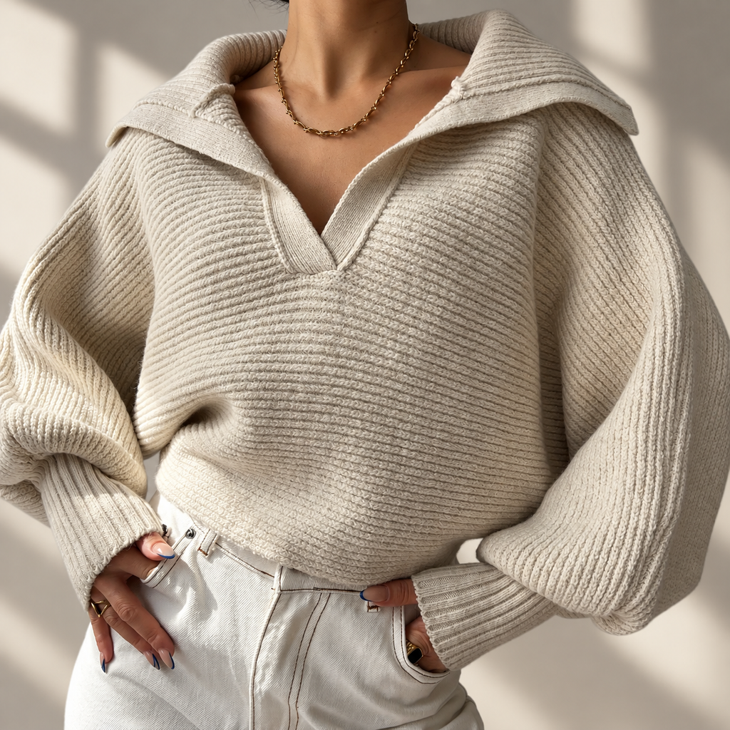 Colette Women’s Oversized Collared Knit Sweater – Ribbed Long Sleeve Pullover