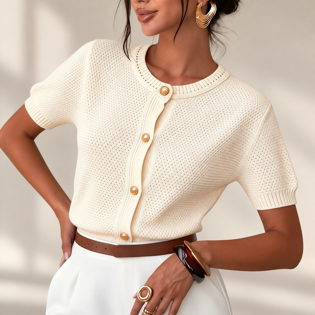 Lucia Women’s Short Sleeve Knit Cardigan with Gold-Tone Buttons