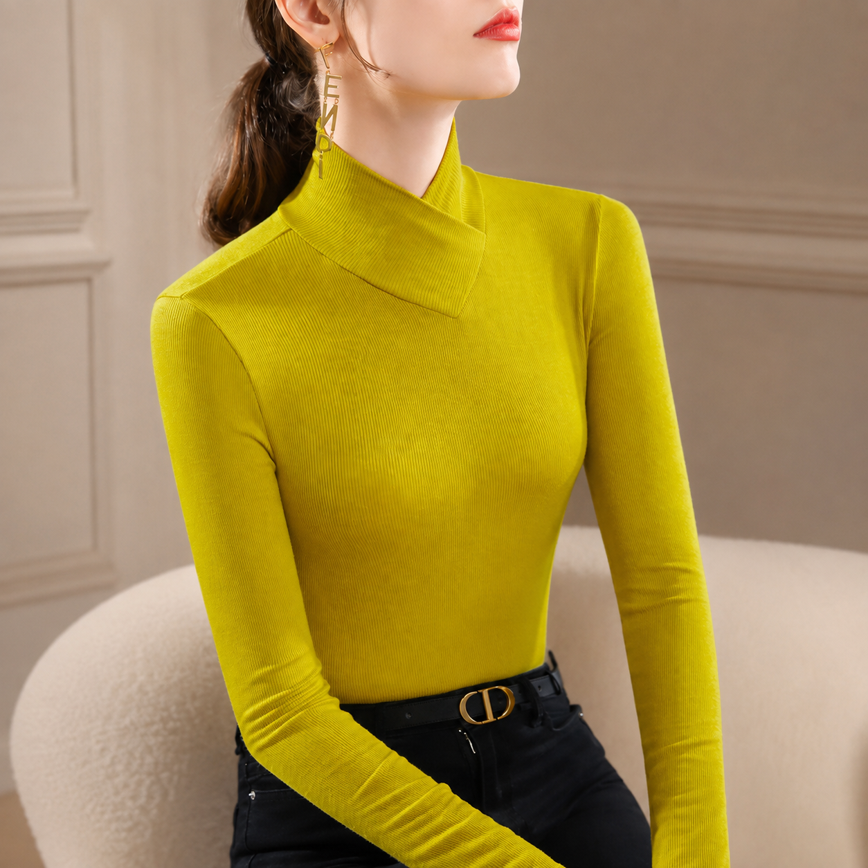 Lucia Women’s Ribbed High-Neck Long Sleeve Top