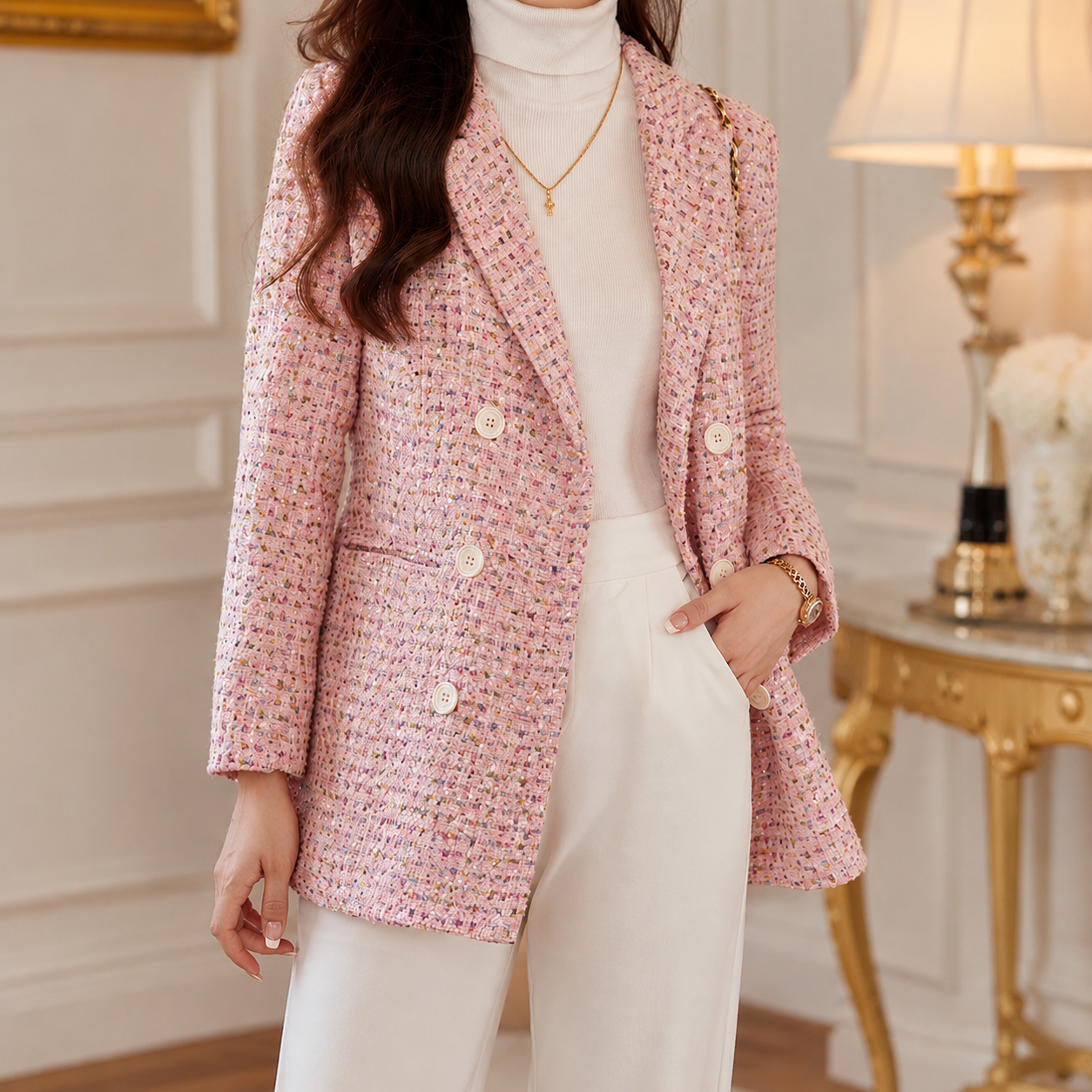 Genevieve Textured Tweed Double-Breasted Blazer for Women