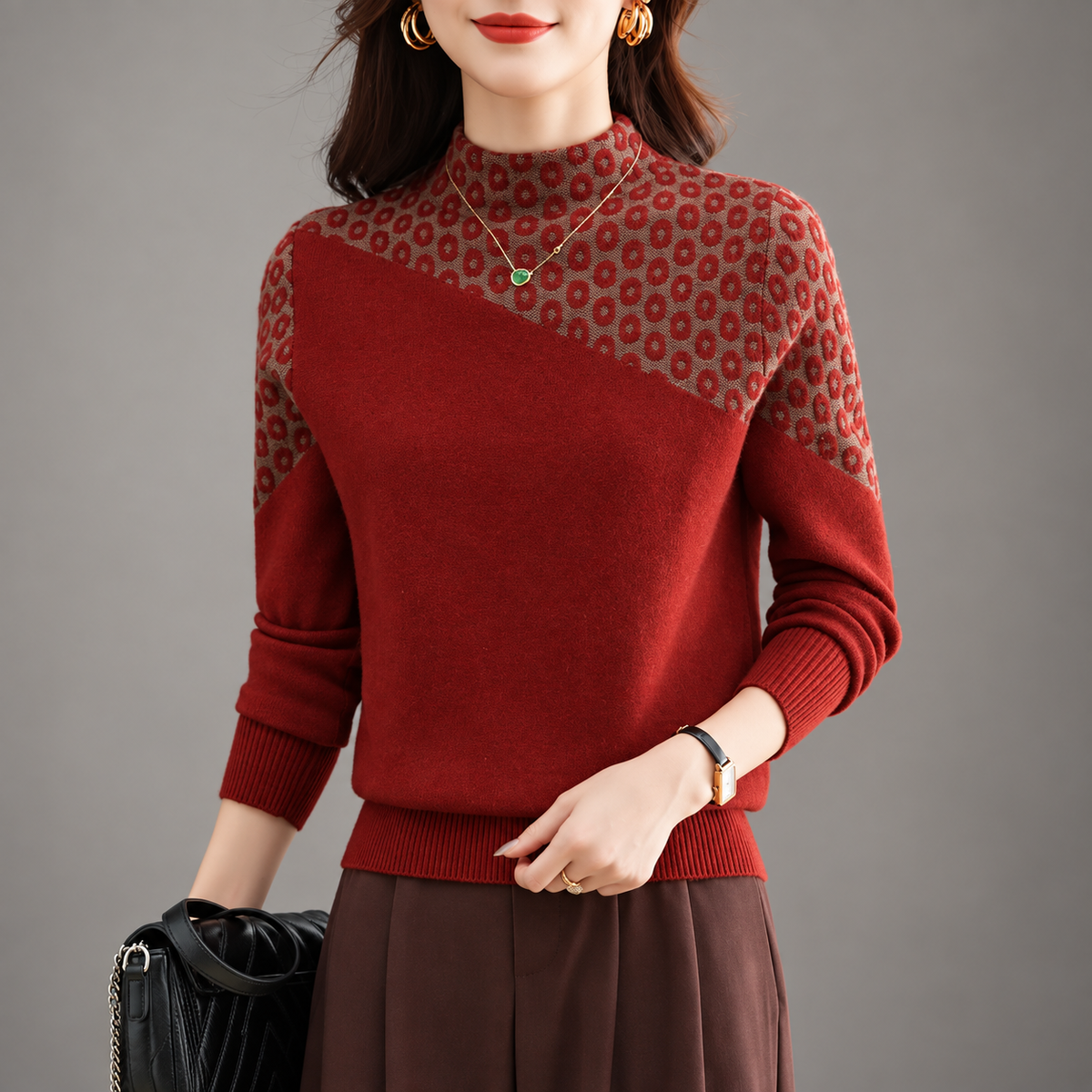 Camille Women’s Patterned Mock Neck Knit Sweater