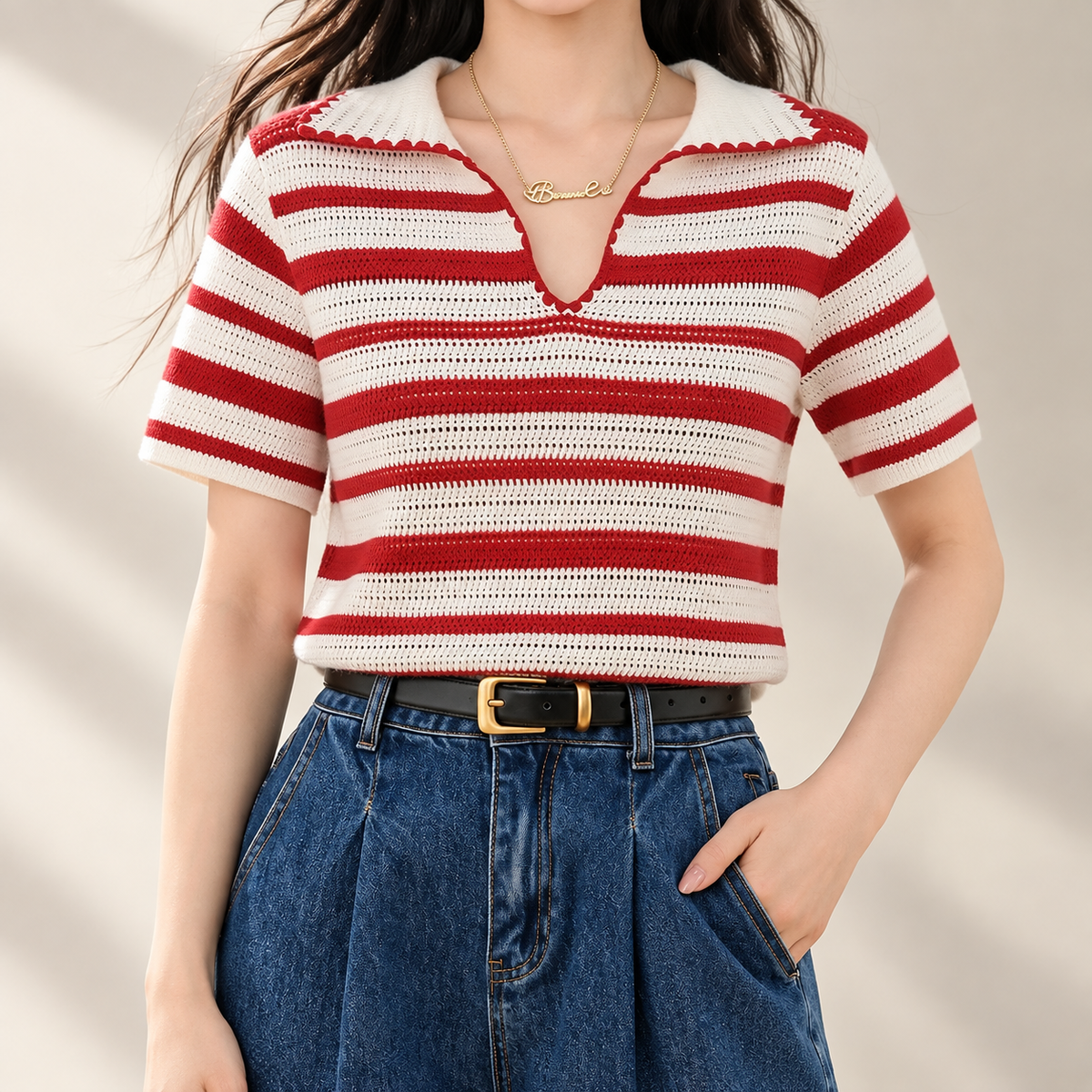 Lucia Red & Cream Striped Open-Knit Polo Top