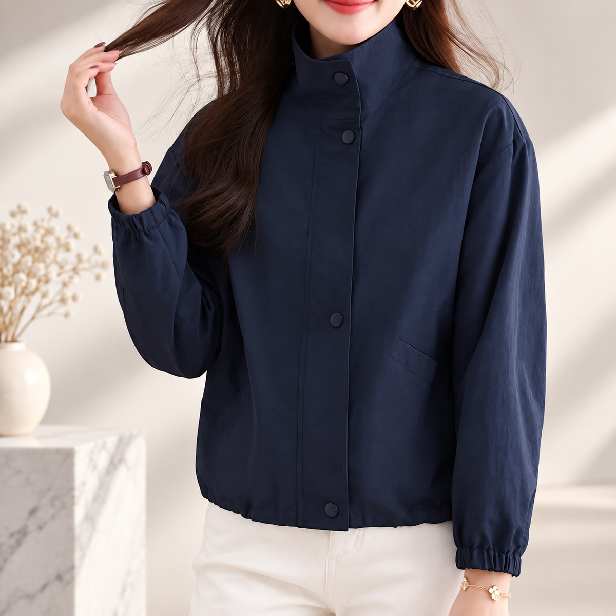 Juliette Women’s Lightweight Zip Front Jacket – Stand Collar Long Sleeve Casual Coat