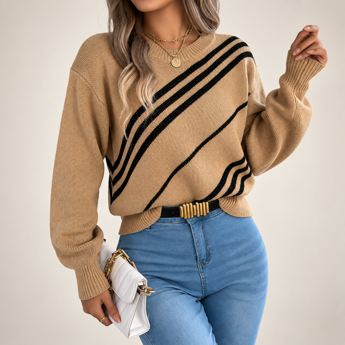 Sienna Women’s Diagonal Stripe Crewneck Knit Sweater