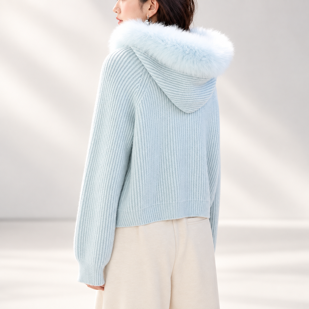 Amélie Women’s Ice Blue Rib-Knit Zip-Up Hooded Cardigan with Plush Trim
