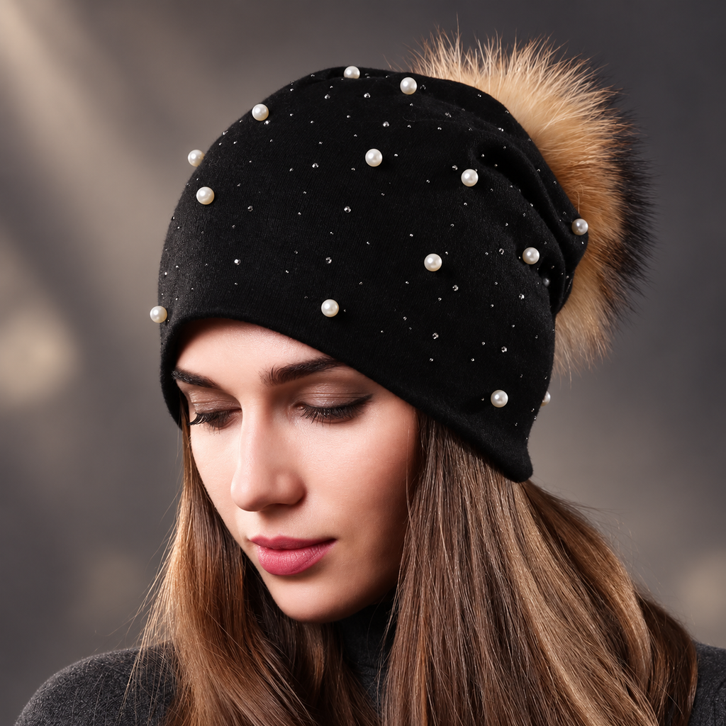 Cambria Women’s Pearl Embellished Slouch Beanie – Fur-Look Pom Winter Hat