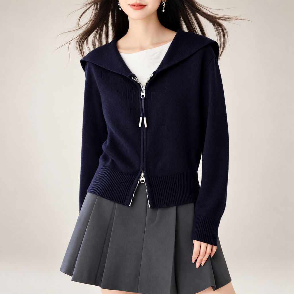Amelia Navy Sailor Collar Zip Knit Cardigan for Women