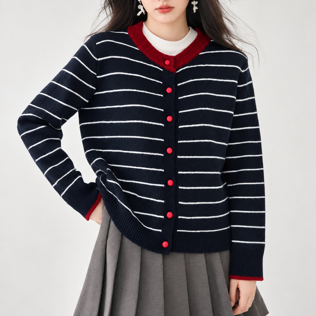 Beatrice Contrast Trim Striped Knit Cardigan