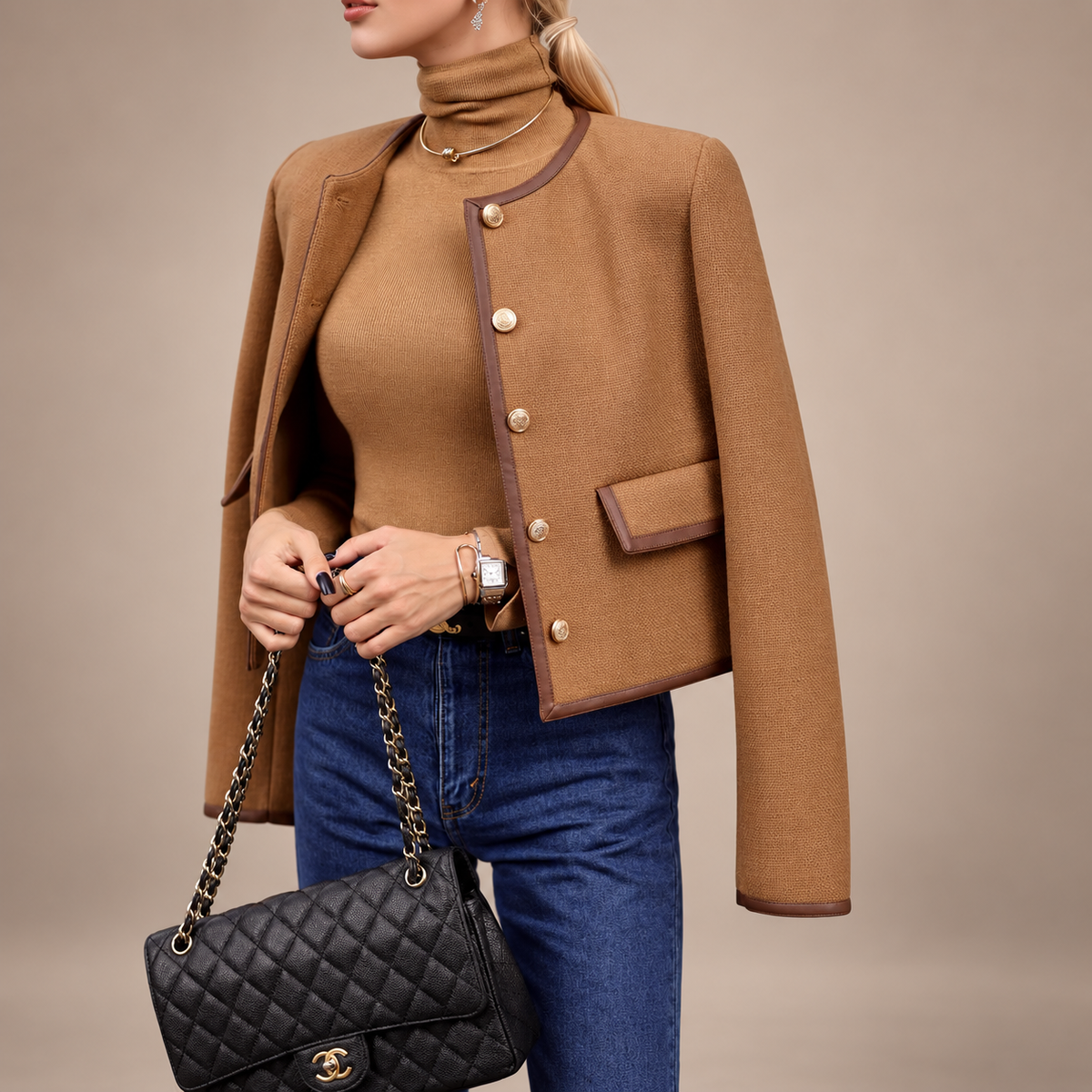 Charlotte Contrast Trim Cropped Jacket – Camel Textured Button Front Blazer