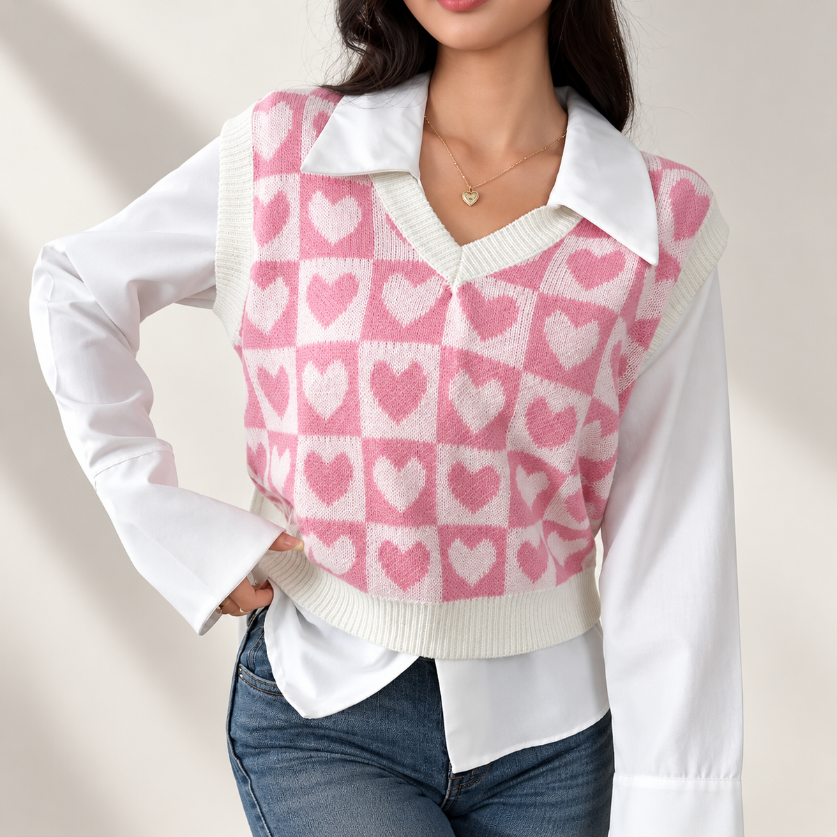 Amélie Women’s Heart Check V-Neck Knit Sweater Vest