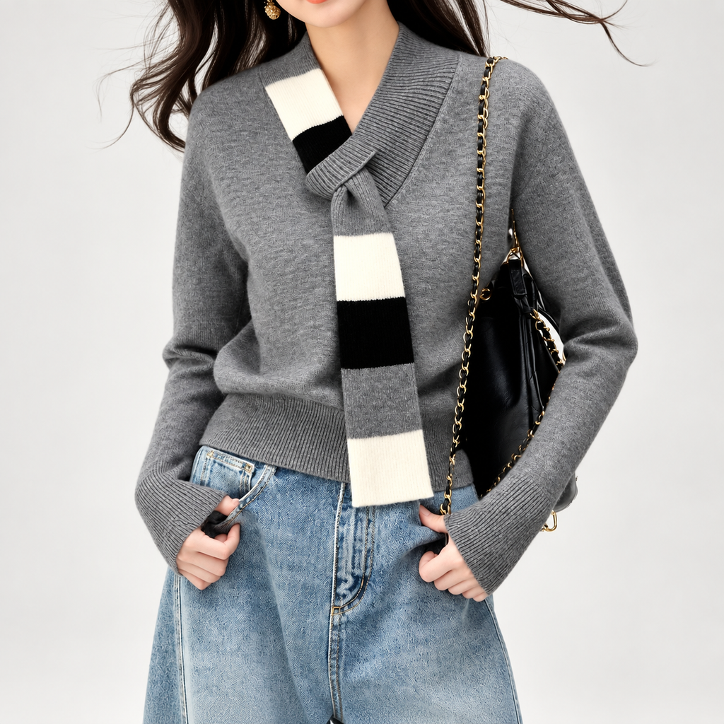 Camille Colorblock Scarf Collar Knit Sweater