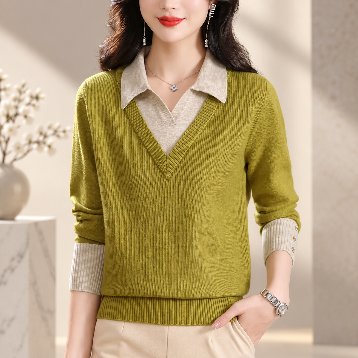 Emmeline Women’s Layered V-Neck Knit Sweater – Collared Long Sleeve Pullover
