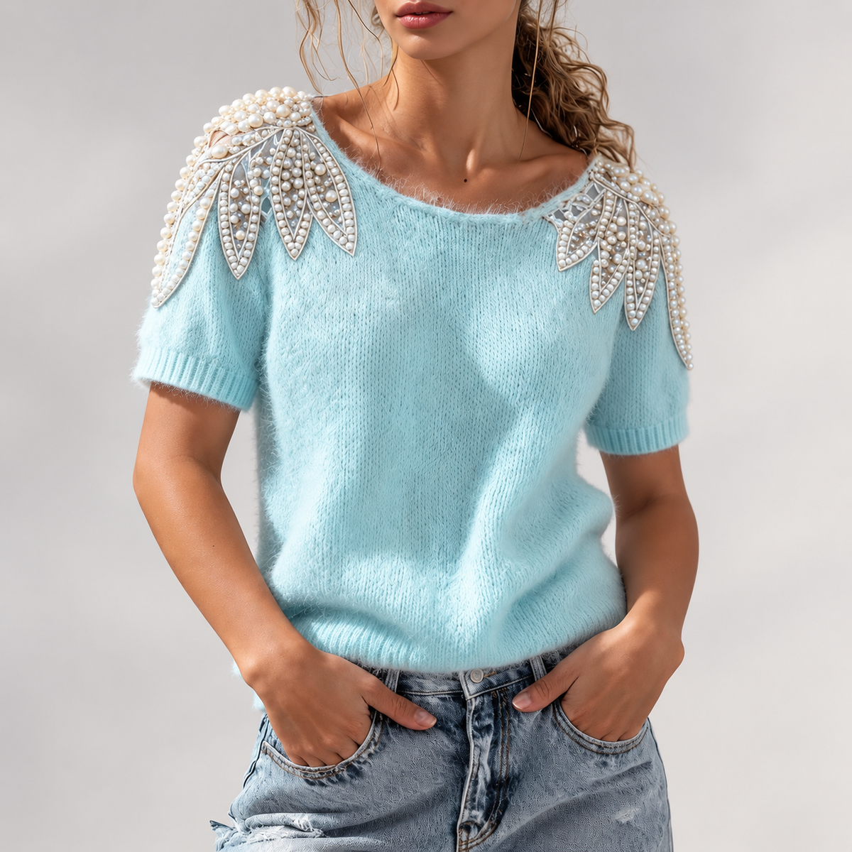 Camille Pearl-Embellished Short Sleeve Knit Top