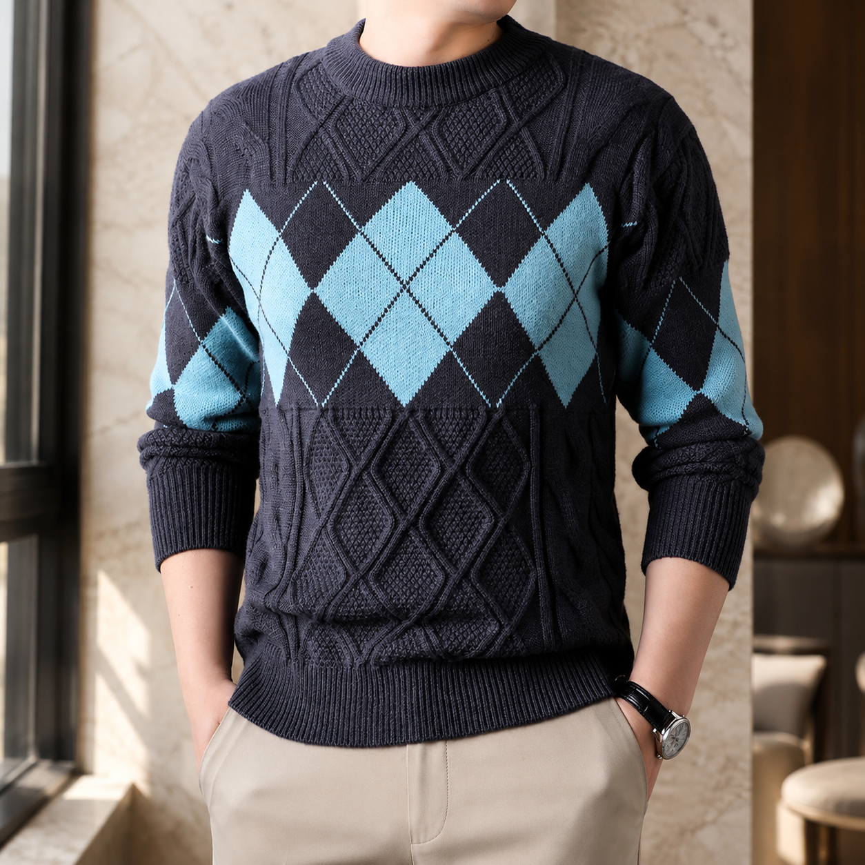 Lorenzo Textured Diamond Knit Sweater for Men