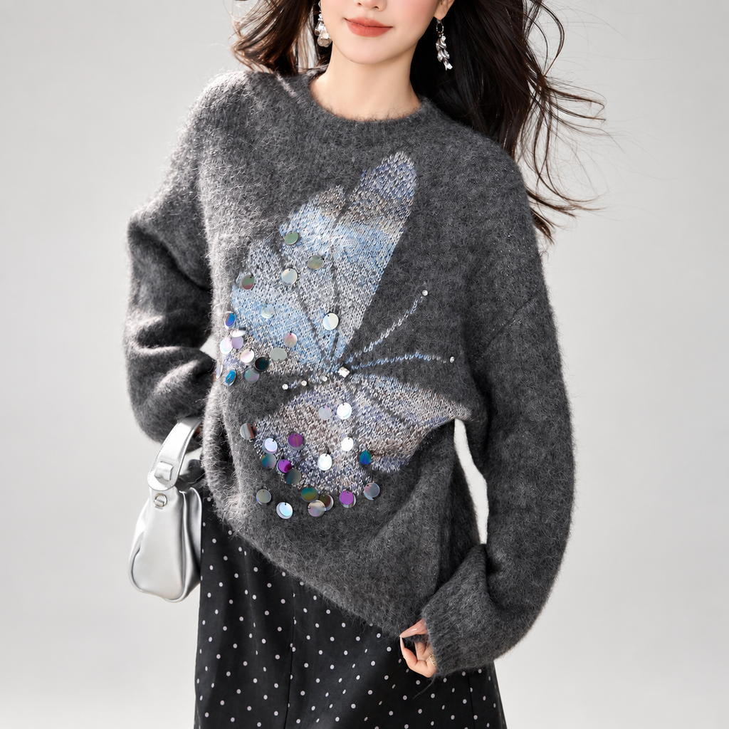 Margot Embellished Butterfly Fuzzy Knit Sweater