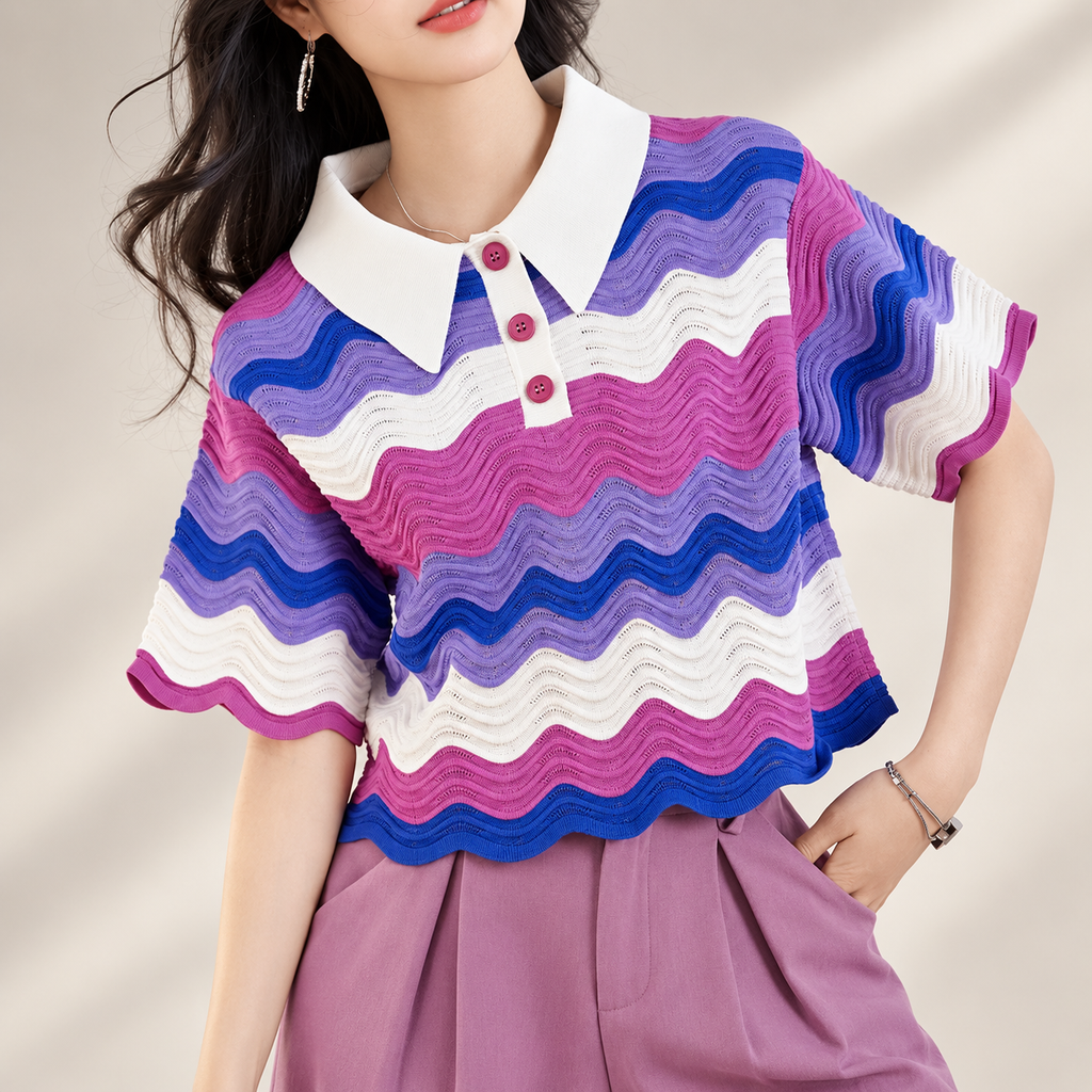 Camille Wave-Knit Polo Top