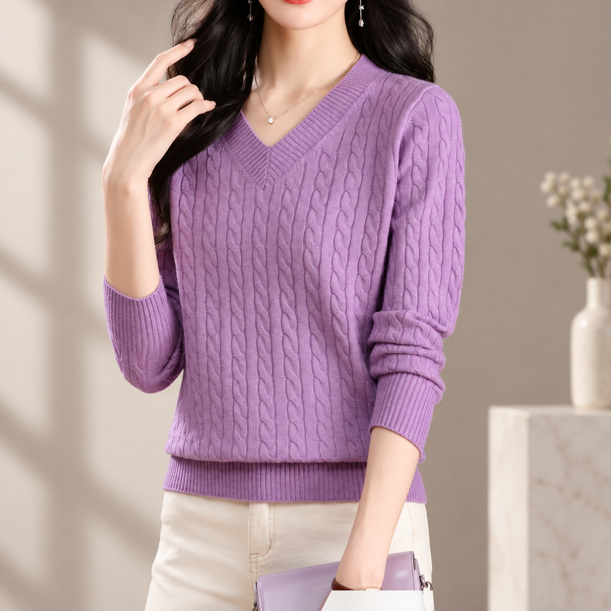 Valentina Women's Cable Knit V-Neck Sweater with Ribbed Trim