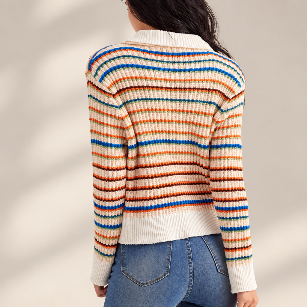 Rosalie Ivory Multi-Stripe Ribbed Knit Cardigan with Heart Buttons