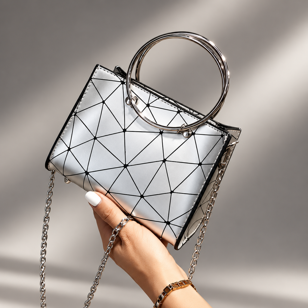 Alessia Silver Geometric Mini Handbag with Ring Handles & Chain Strap