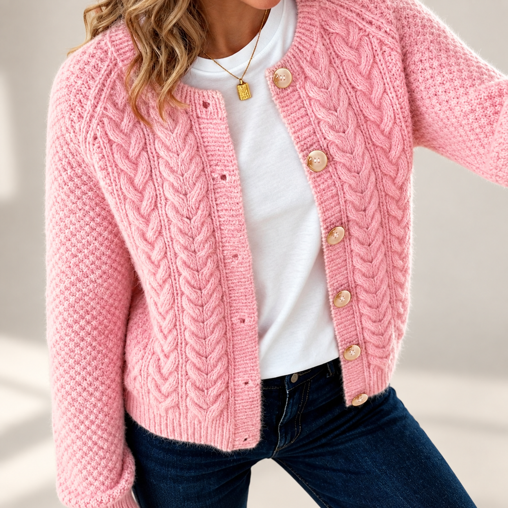 Penelope Cable Knit Button Cardigan – Pink Crew Neck Women’s Sweater