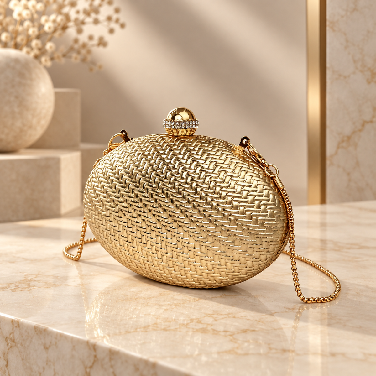 Siena Oval Woven Evening Clutch with Crystal-Accent Clasp