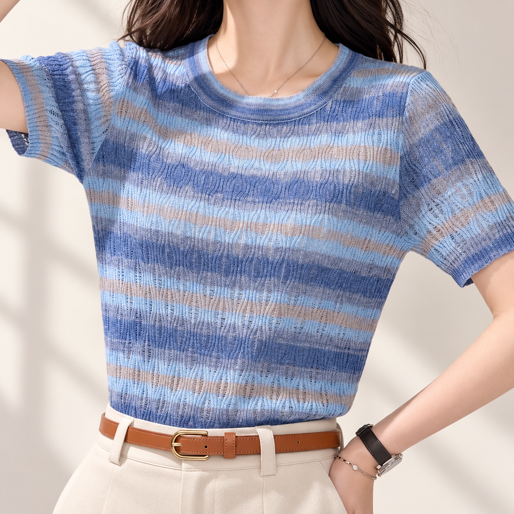 Elena Women’s Sheer Knit Striped Short Sleeve Top