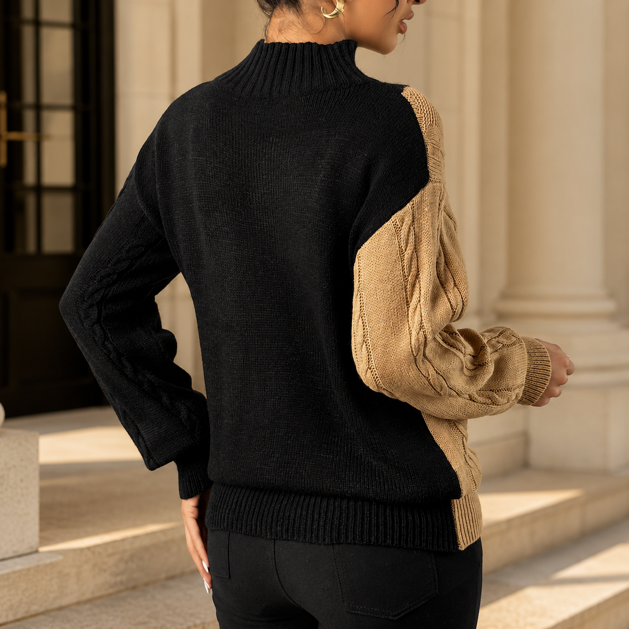 Alessia Colorblock Cable Knit Mock Neck Sweater for Women